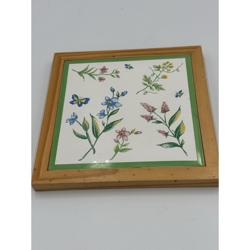 VTG Floral Ceramic Tile Wall Art Spring Garden Decor Wood Frame Cottage Core 7x7